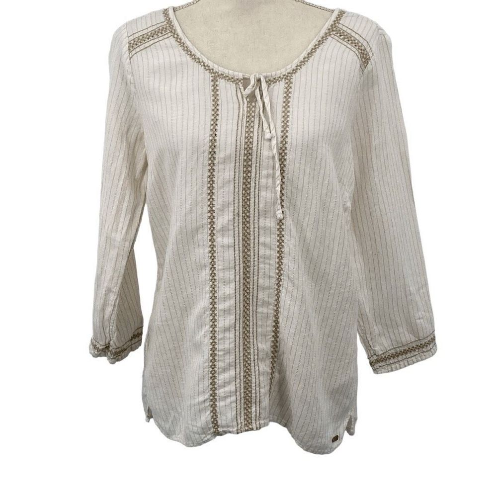 Eddie Bauer Linen Shirt Embroidered Tie Front Cream Taupe M
